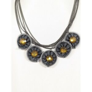 Gray Multi Chain Statement Necklace Yellow Rhinestone Rosette 21"